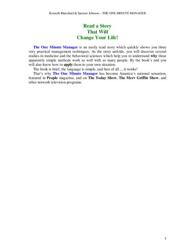 The One Minute Manager by Kenneth H. Blanchard, Spencer Johnson